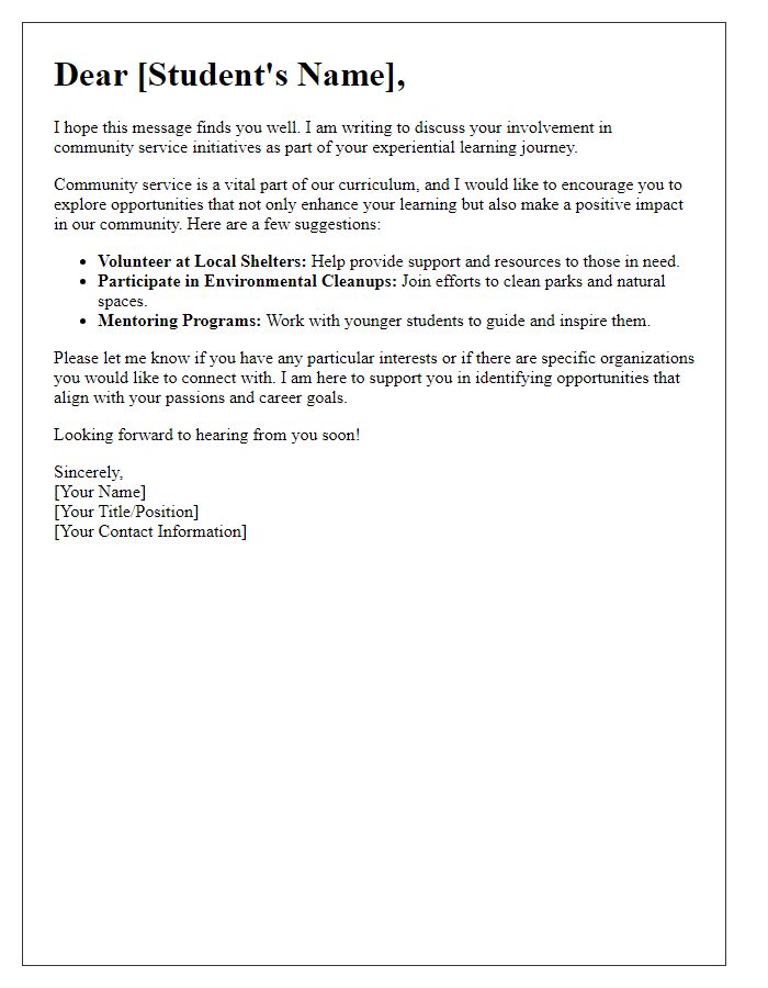 Letter template of experiential learning advising for community service initiatives