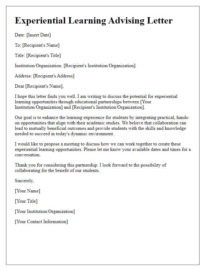 Letter template of experiential learning advising for educational partnerships