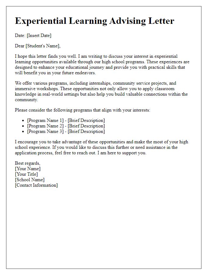 Letter template of experiential learning advising for high school programs