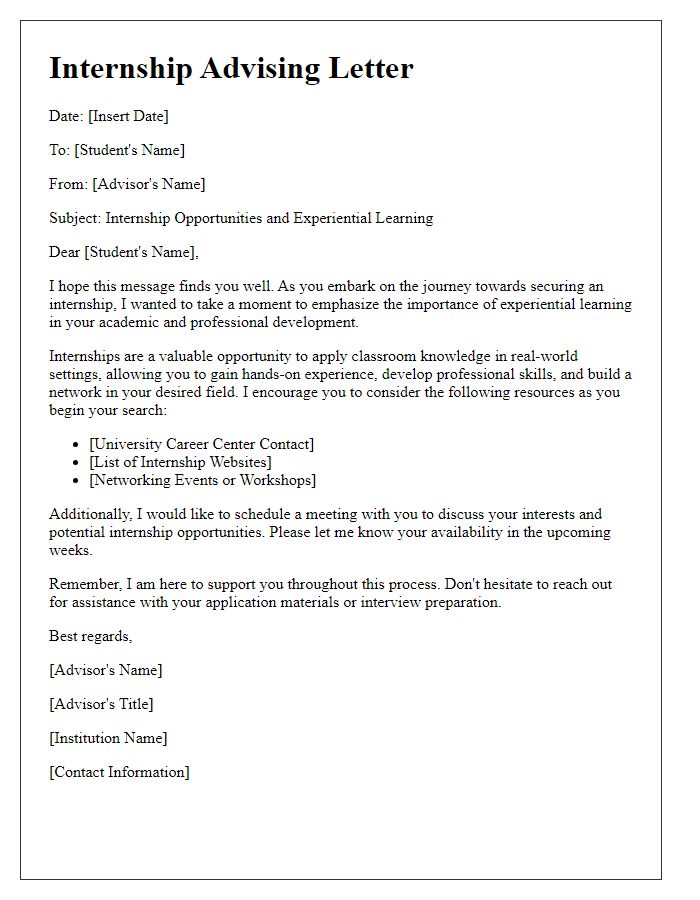 Letter template of experiential learning advising for internship opportunities