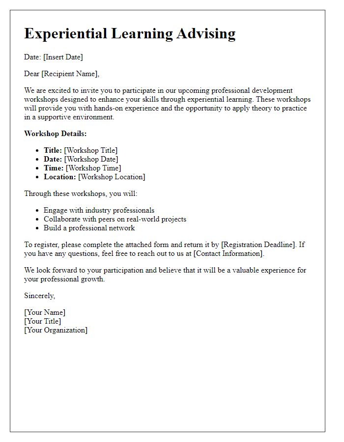 Letter template of experiential learning advising for professional development workshops