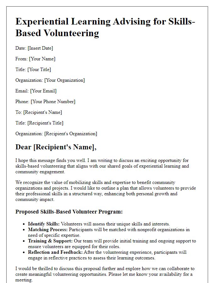 Letter template of experiential learning advising for skills-based volunteering