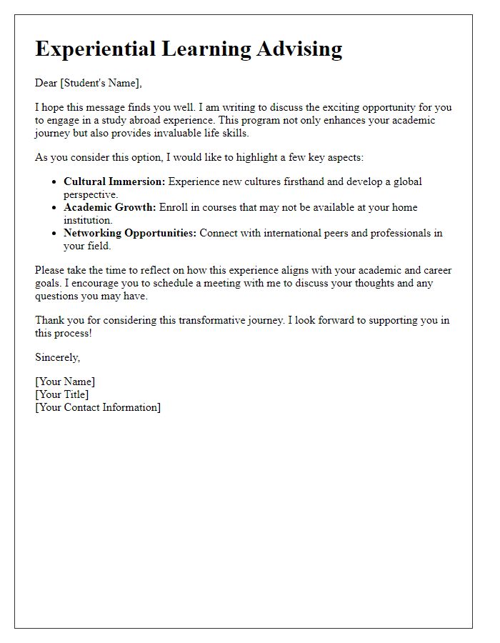 Letter template of experiential learning advising for study abroad experiences