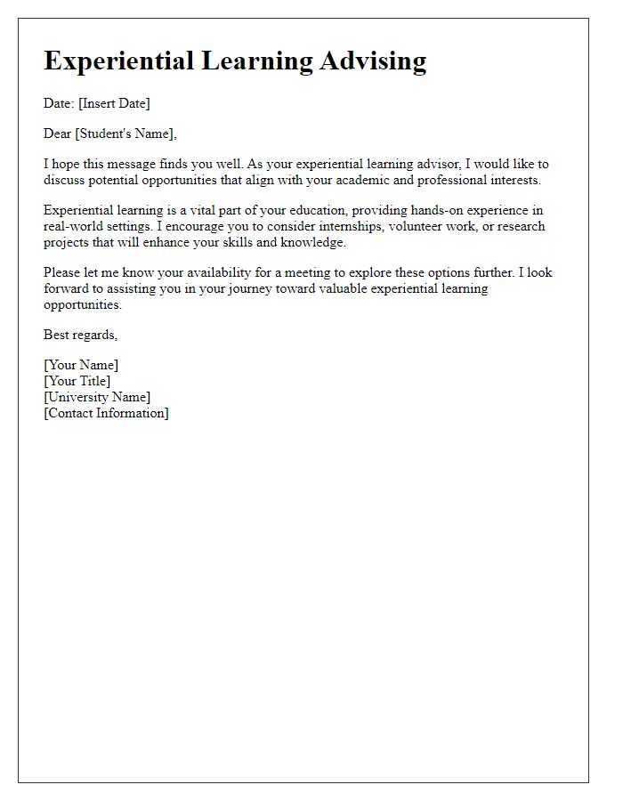 Letter template of experiential learning advising for university students