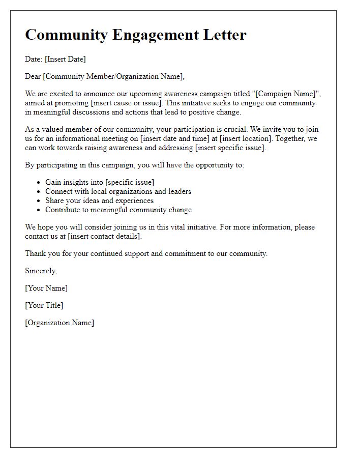 Letter template of community engagement promoting awareness campaigns