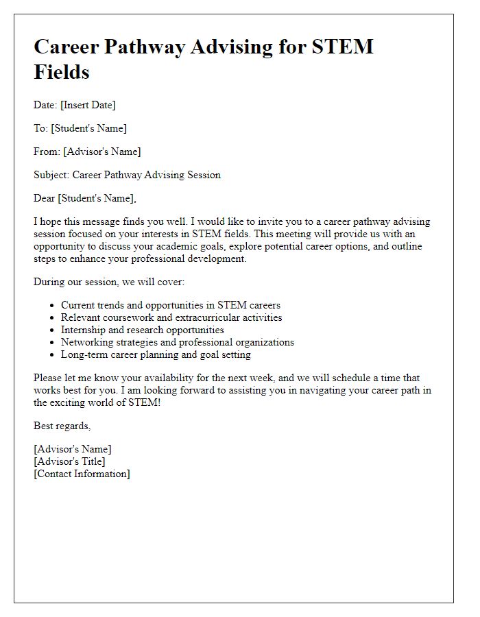 Letter template of career pathway advising for STEM fields