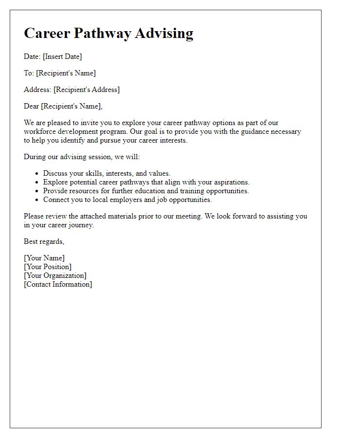 Letter template of career pathway advising for workforce development