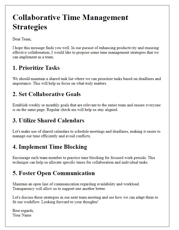 Letter template of collaborative time management strategies for teams.