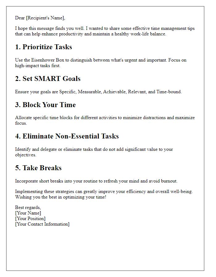 Letter template of effective time management tips for professionals.