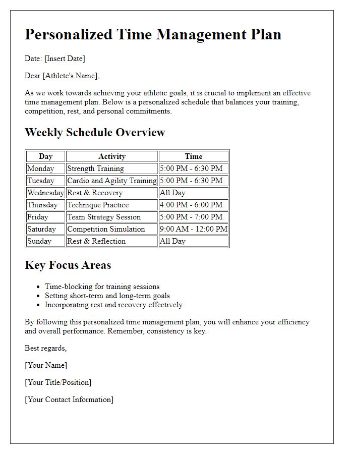 Letter template of personalized time management plans for athletes.