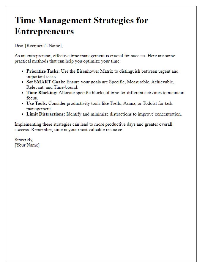 Letter template of practical time management methods for entrepreneurs.