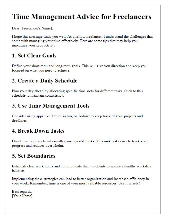 Letter template of time management advice for freelancers.