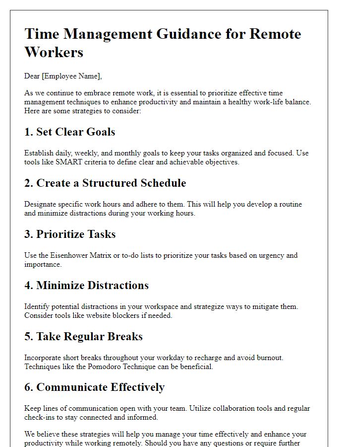 Letter template of time management guidance for remote workers.