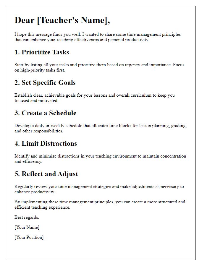 Letter template of time management principles for teachers.