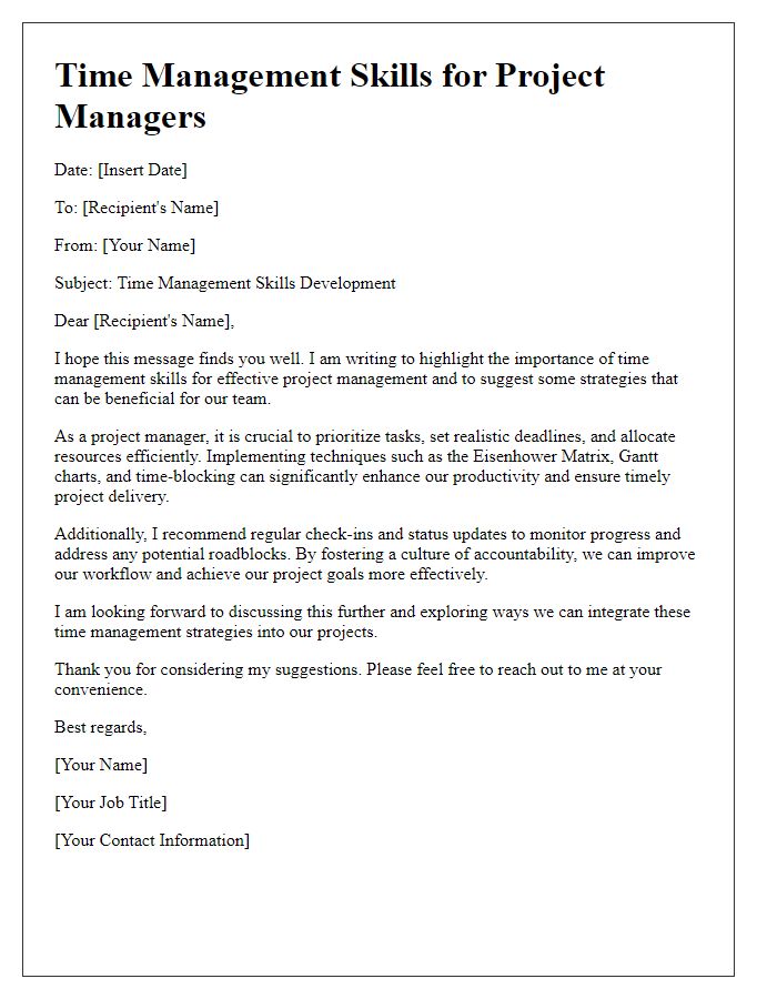 Letter template of time management skills for project managers.