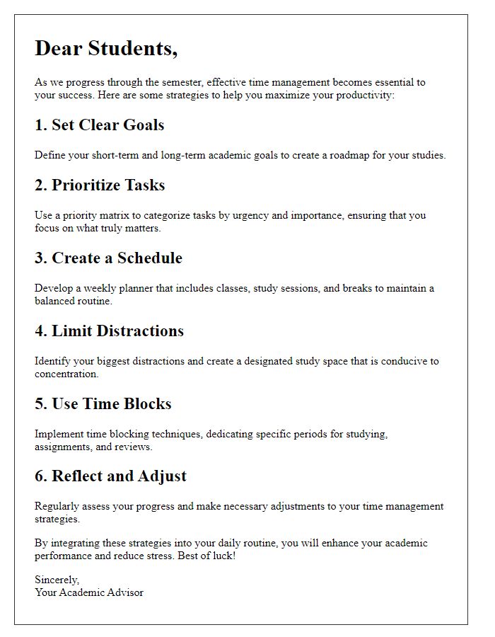 Letter template of time management strategies for students.