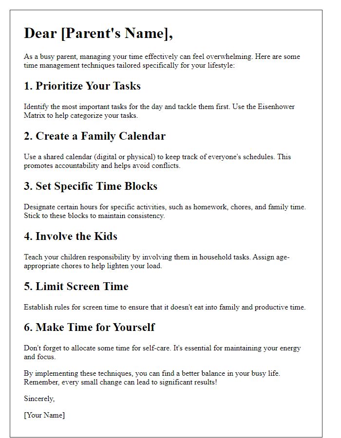 Letter template of time management techniques for busy parents.