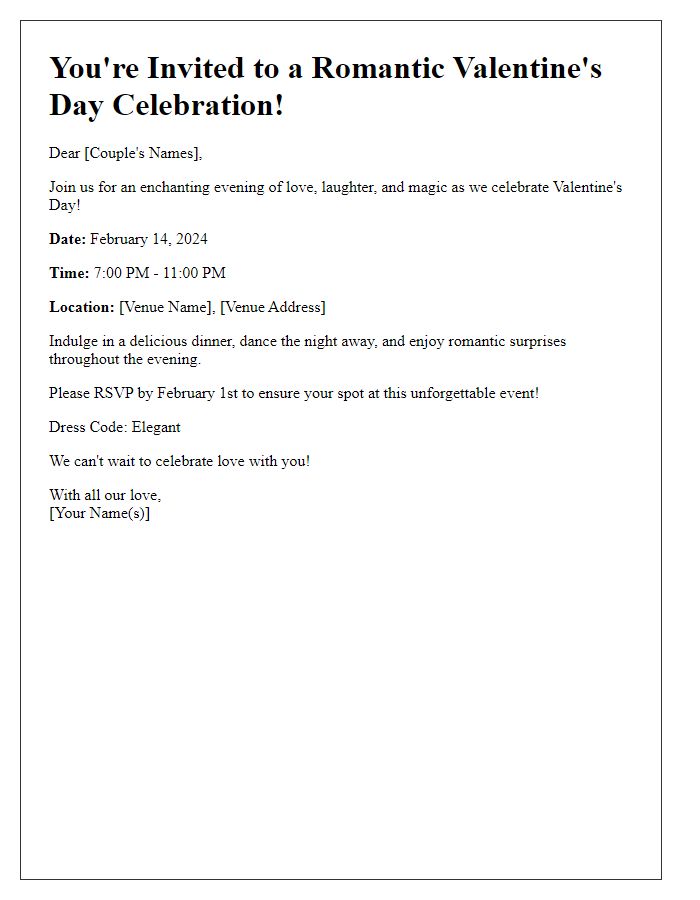 Letter template of a romantic Valentine's Day party invitation for couples.