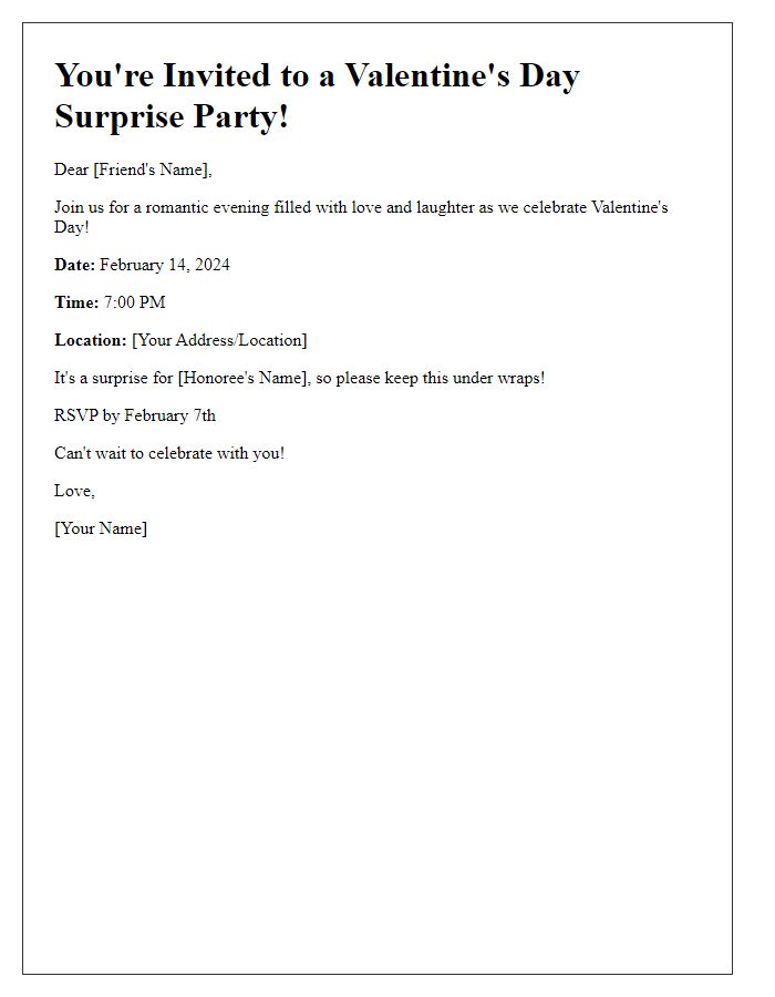 Letter template of a Valentine's Day surprise party invitation.