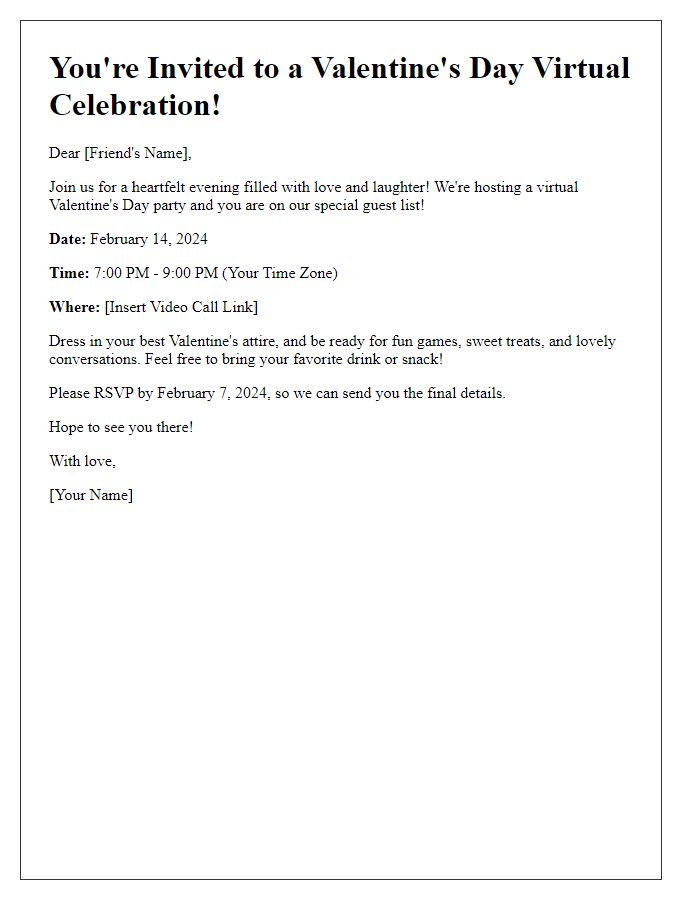 Letter template of a Valentine's Day virtual party invitation.