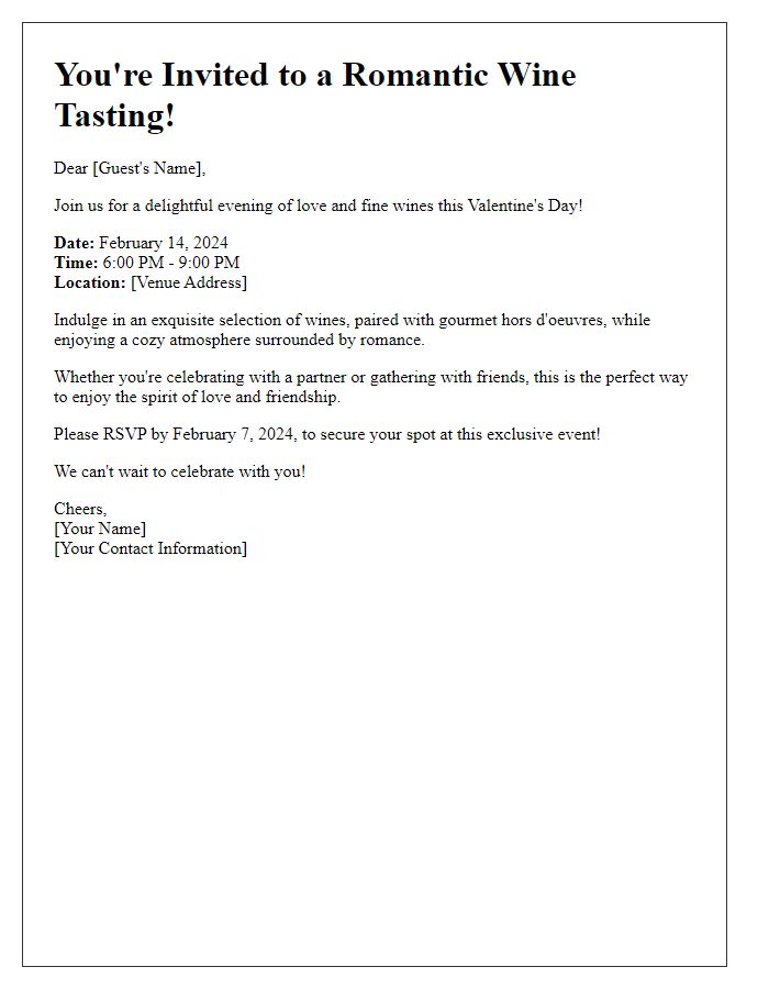 Letter template of a Valentine's Day wine tasting event invitation.