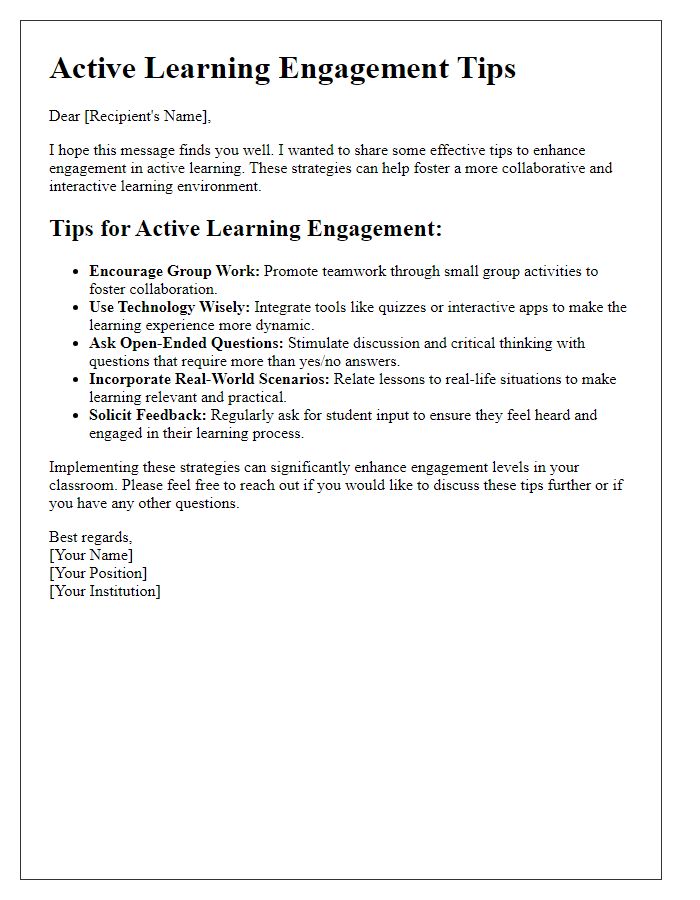 Letter template of active learning engagement tips