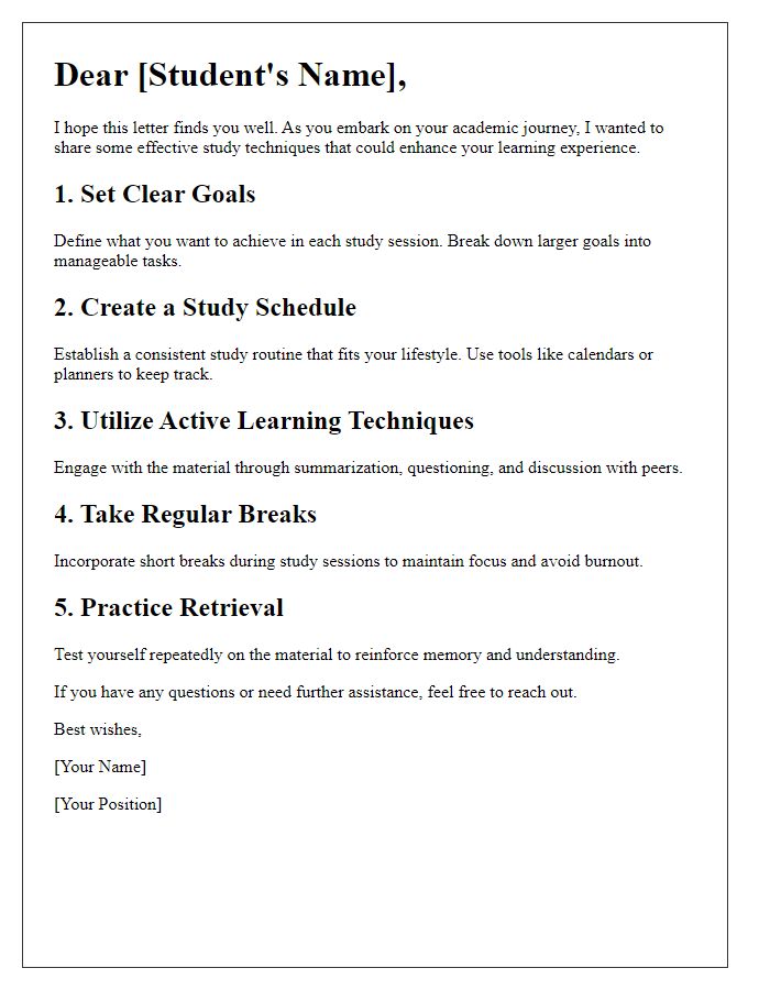 Letter template of effective study techniques guidance