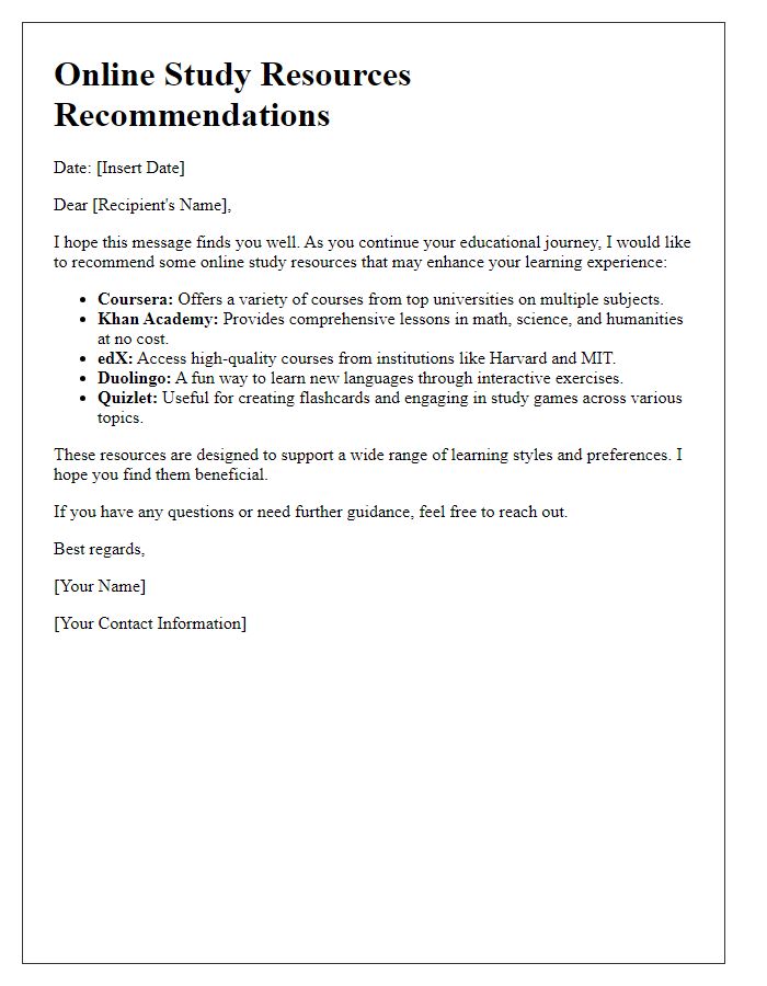 Letter template of online study resources recommendations