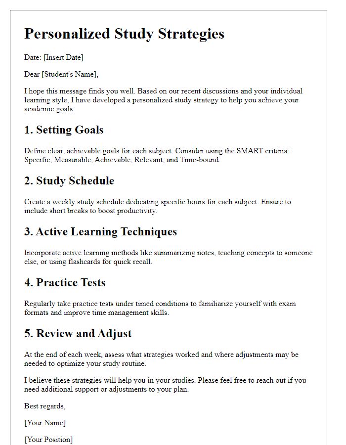 Letter template of personalized study strategies