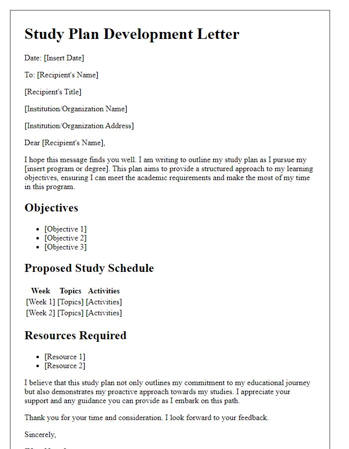 Letter template of study plan development