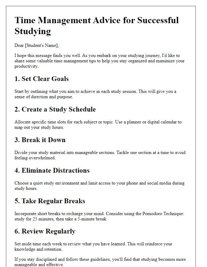 Letter template of time management advice for studying