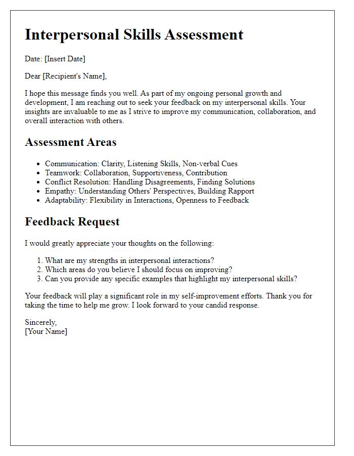 Letter template of interpersonal skills assessment for personal growth.