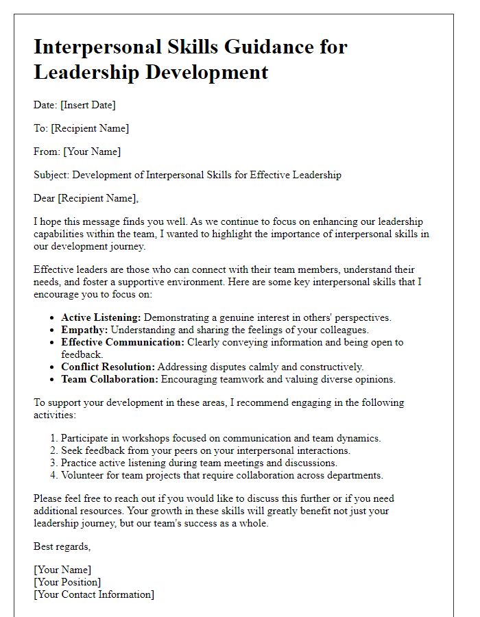 Letter template of interpersonal skills guidance for leadership development.