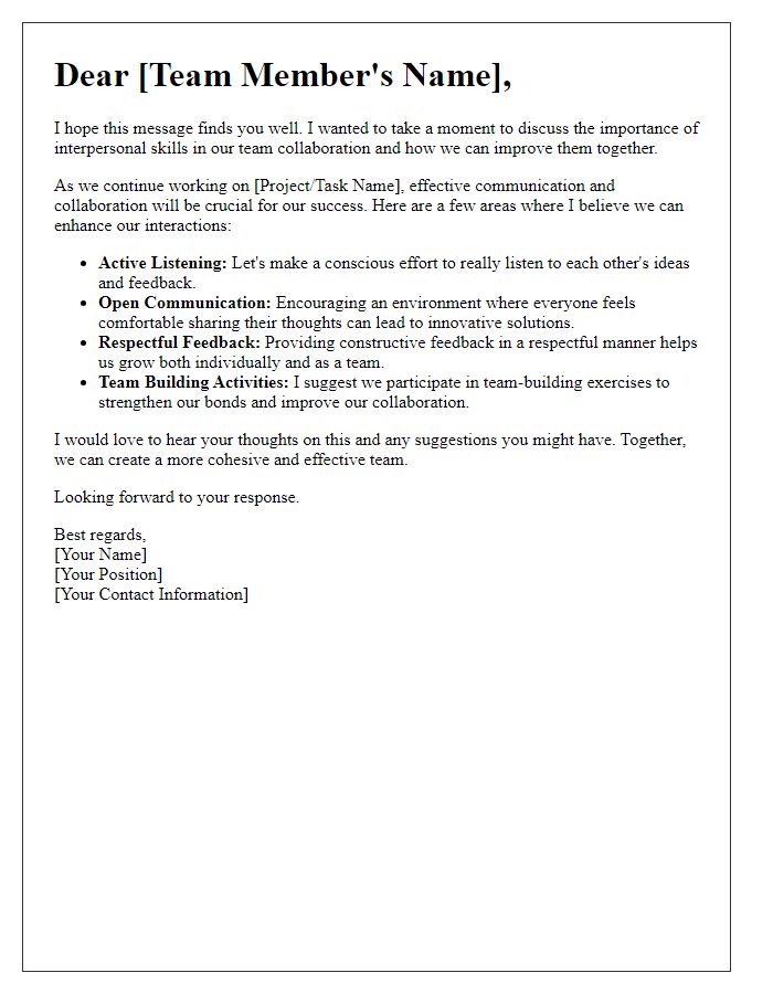 Letter template of interpersonal skills improvement for team collaboration.