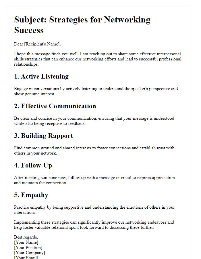 Letter template of interpersonal skills strategies for networking success.