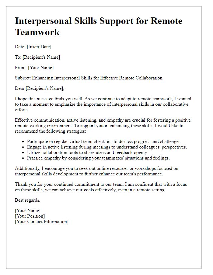 Letter template of interpersonal skills support for remote teamwork.