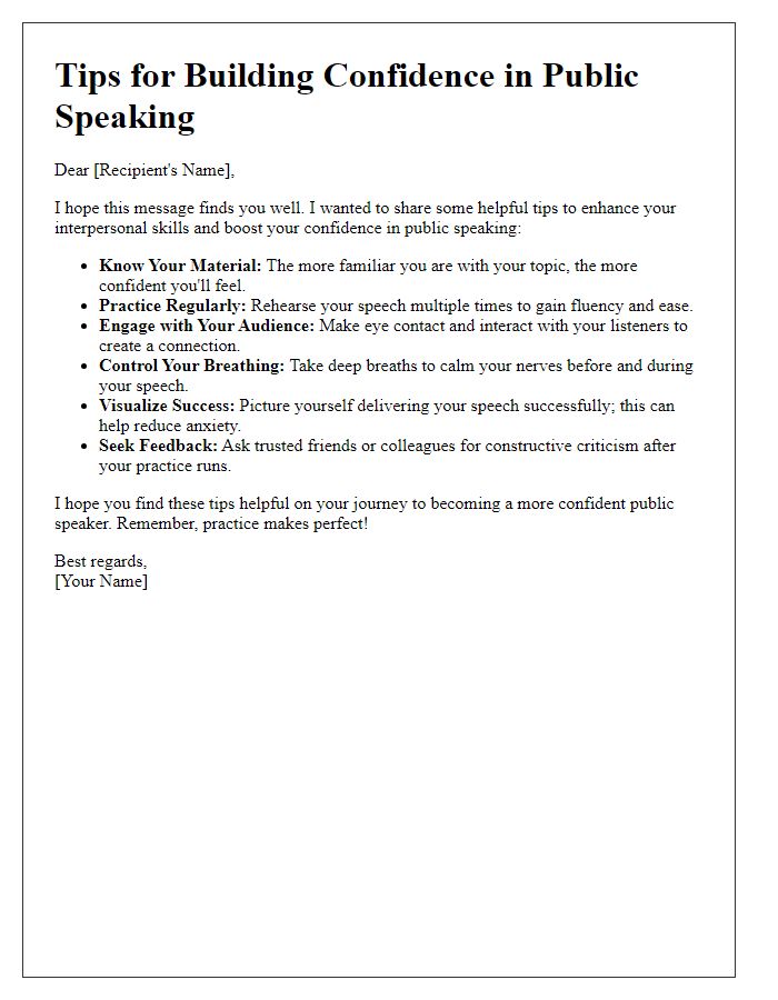 Letter template of interpersonal skills tips for public speaking confidence.