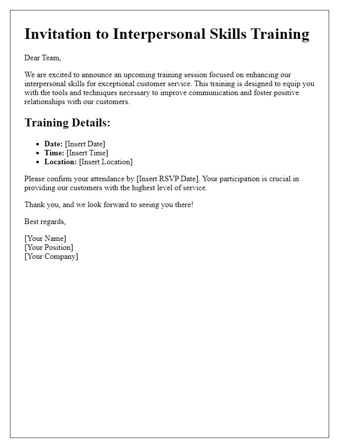 Letter template of interpersonal skills training for customer service excellence.