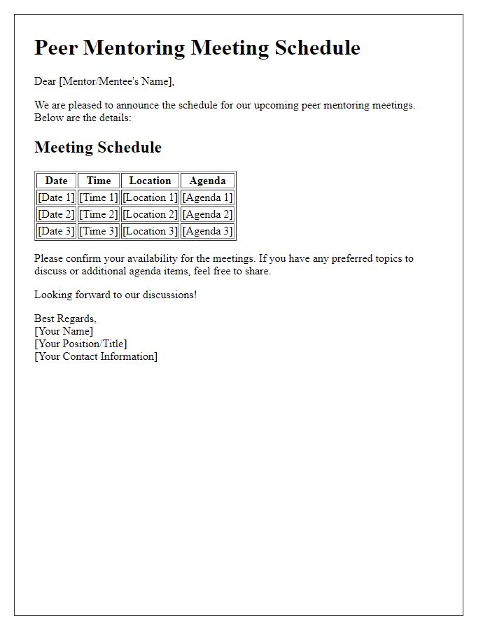 Letter template of peer mentoring meeting schedule