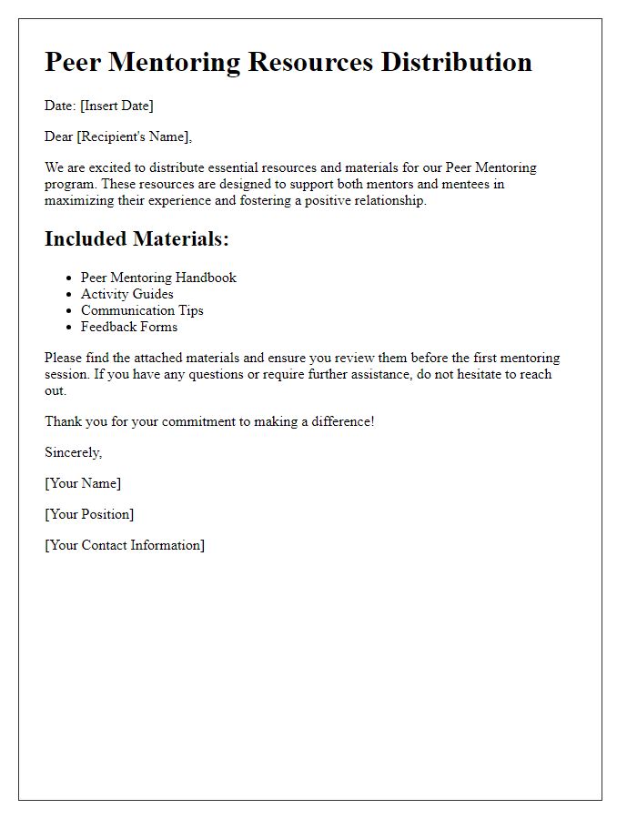 Letter template of peer mentoring resources and materials distribution