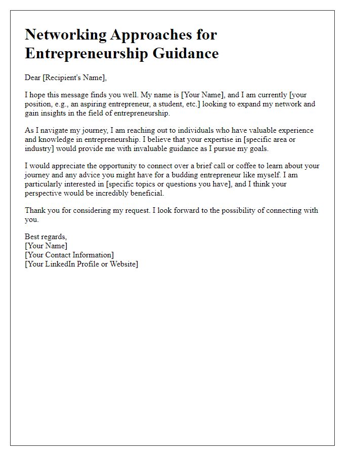 Letter template of networking approaches for entrepreneurship guidance