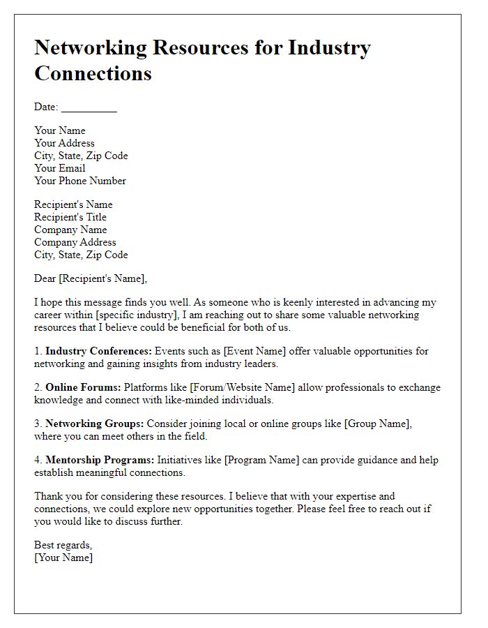 Letter template of networking resources for industry connections