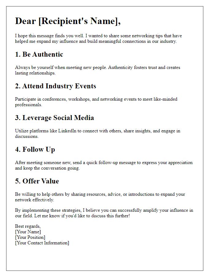 Letter template of networking tips for expanding your influence