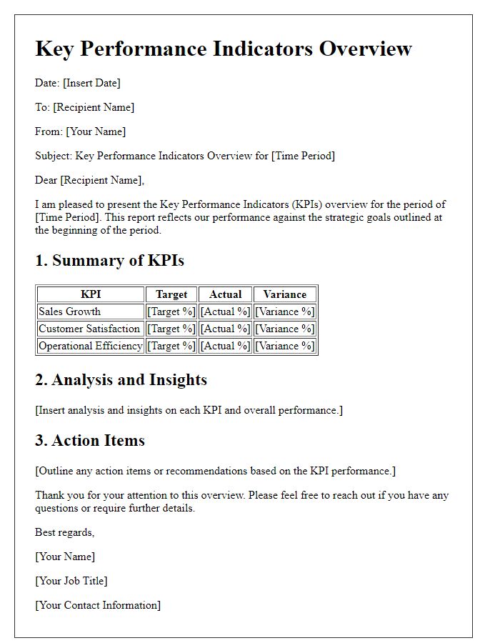 Letter template of key performance indicators overview