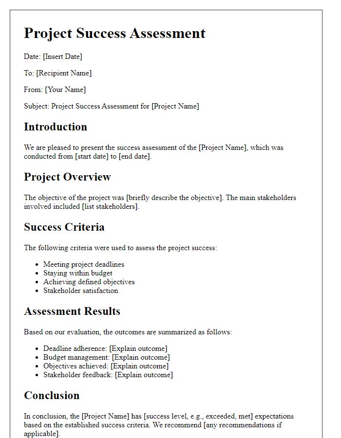 Letter template of project success assessment