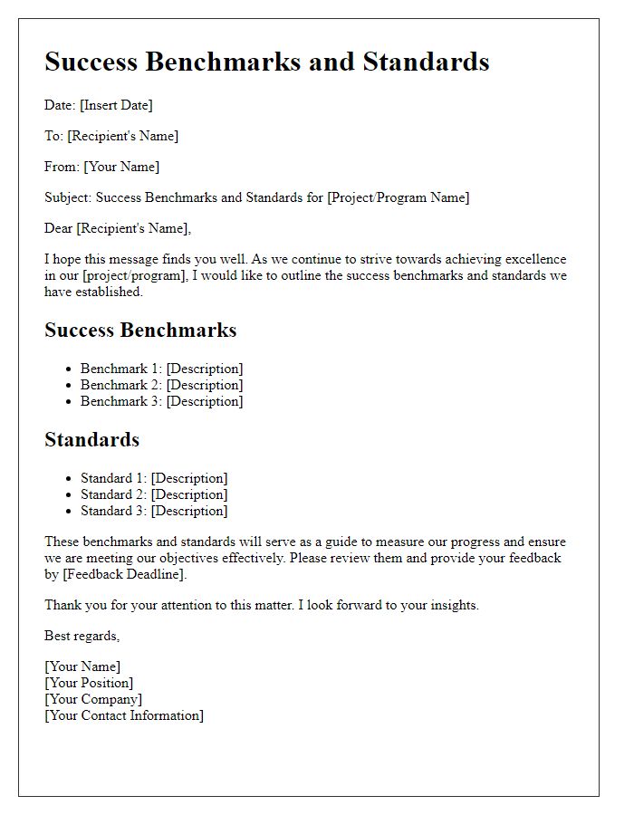 Letter template of success benchmarks and standards