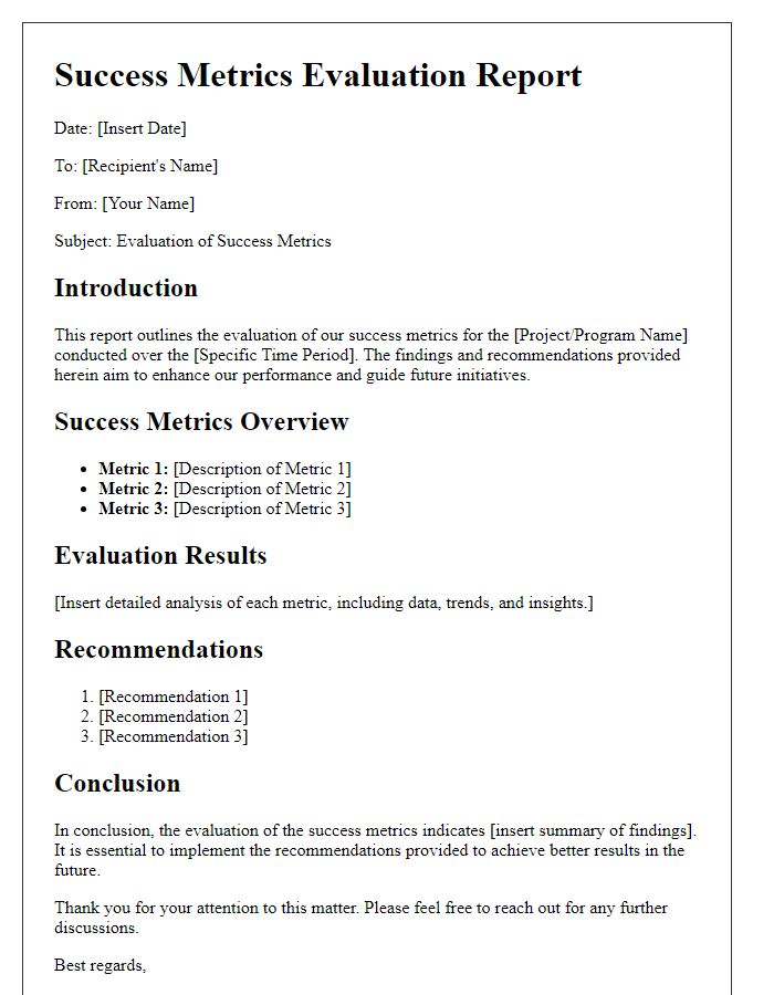 Letter template of success metrics evaluation report