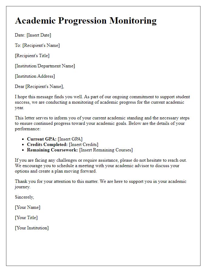 Letter template of academic progression monitoring