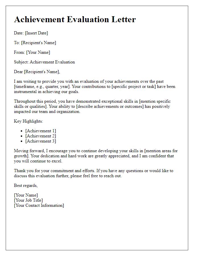 Letter template of achievement evaluation correspondence