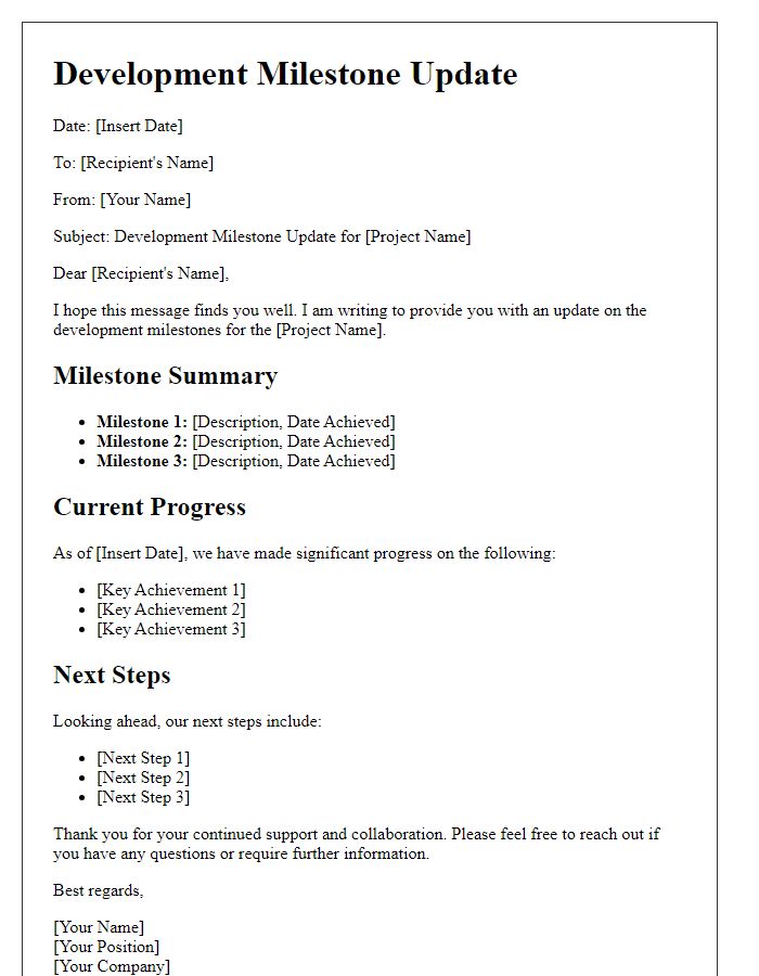 Letter template of development milestone updates